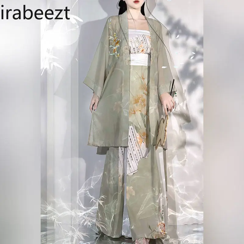 Song Dynasty Hanfu Women's Long Cardigan with Camisole & Pleated Skirt Chinese Style Daily Wear Fairy Summer Outfit Loose Fit