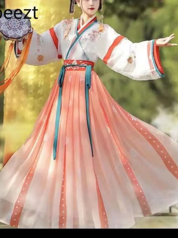 Chinese Hanfu Dress Women's Vintage Wei-Jin Style Cross-Collar Qiyao Ruqun Embroidered Red Traditional Costume Daily Wear