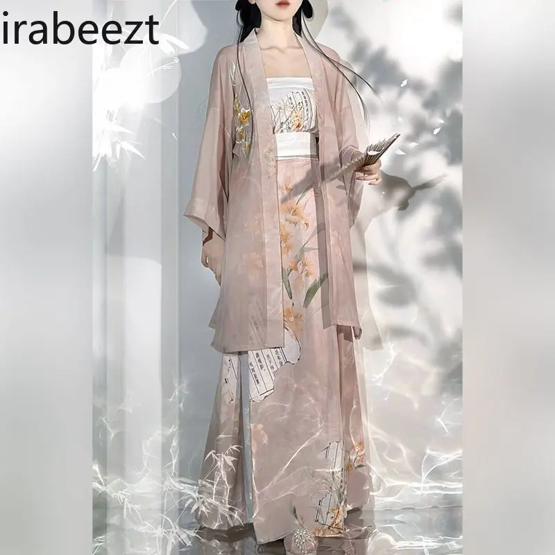 Song Dynasty Hanfu Women's Long Cardigan with Camisole & Pleated Skirt Chinese Style Daily Wear Fairy Summer Outfit Loose Fit