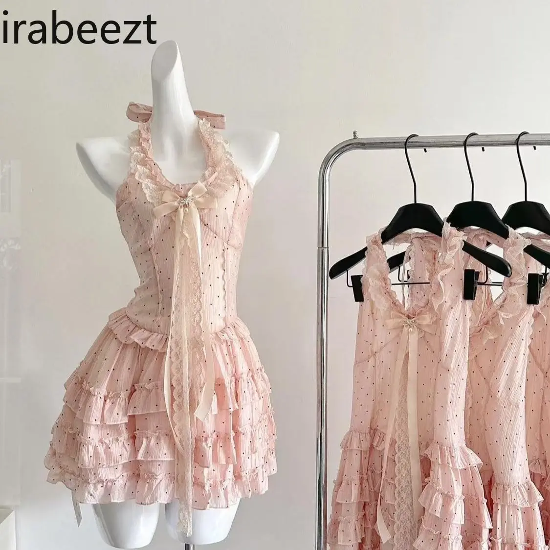 French Style Gentle Pink Polka Dot Halter Neck Dress for Women Spring and Summer New Waist Slimming Chic Beautiful Short Dress