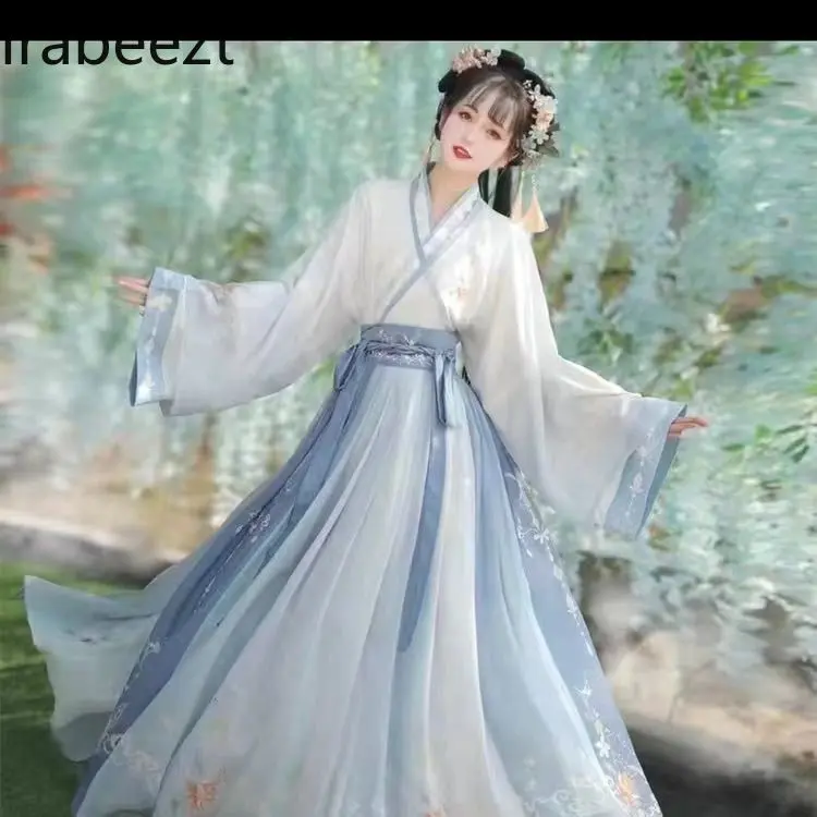 Chinese Hanfu Dress Women's Vintage Wei-Jin Style Cross-Collar Qiyao Ruqun Embroidered Red Traditional Costume Daily Wear
