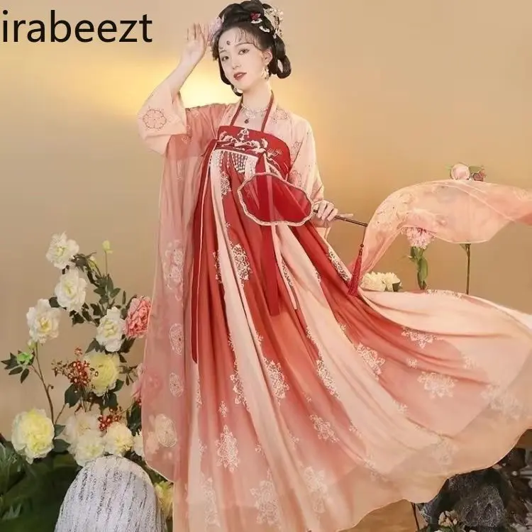 Chinese Hanfu Dress Women's Vintage Wei-Jin Style Cross-Collar Qiyao Ruqun Embroidered Red Traditional Costume Daily Wear