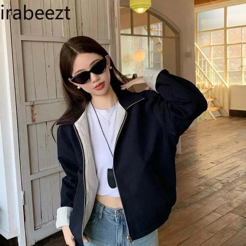 New Striped Lapel Double-sided Jacket 2025 Spring and Autumn Retro Design Loose Casual Versatile Tops Casual Casaco Feminino