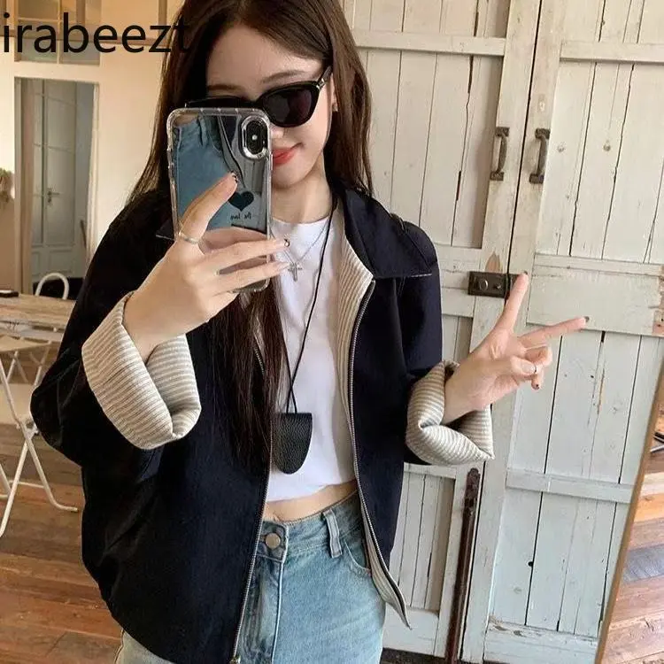New Striped Lapel Double-sided Jacket 2025 Spring and Autumn Retro Design Loose Casual Versatile Tops Casual Casaco Feminino