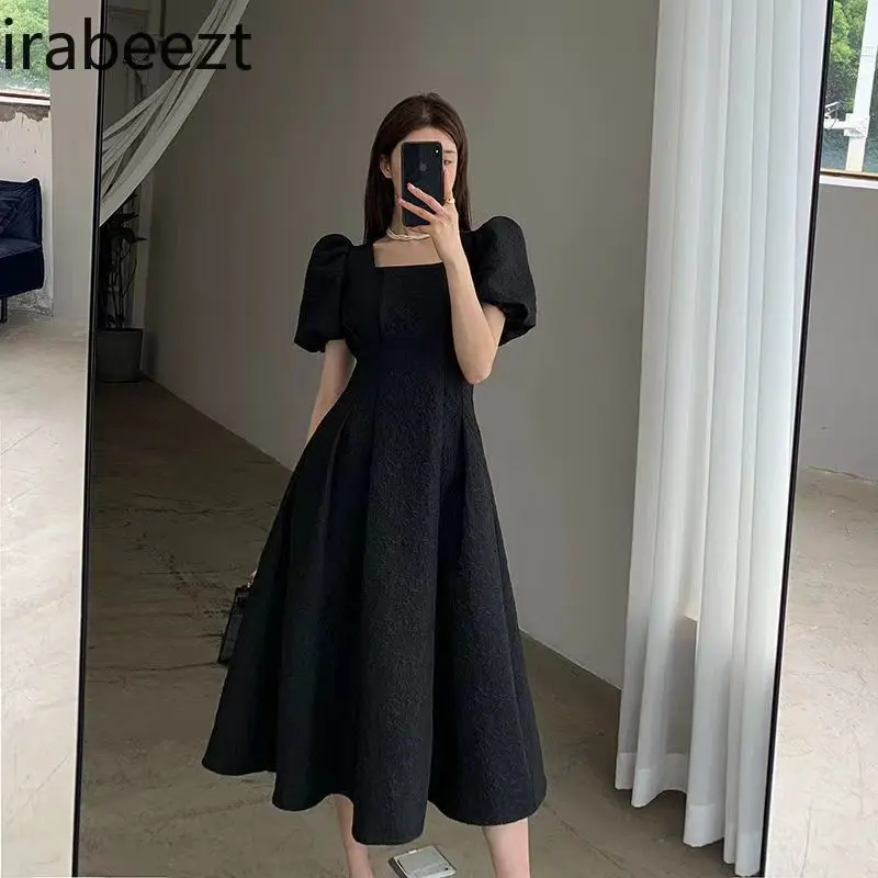 Elegant French Audrey Hepburn Style White Dress 2025 Summer Women's Flowy Tea-Length Dress with Bubble Sleeves & Waist