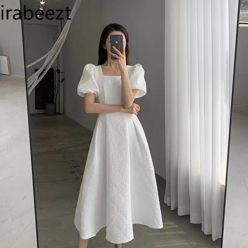 Elegant French Audrey Hepburn Style White Dress 2025 Summer Women's Flowy Tea-Length Dress with Bubble Sleeves & Waist
