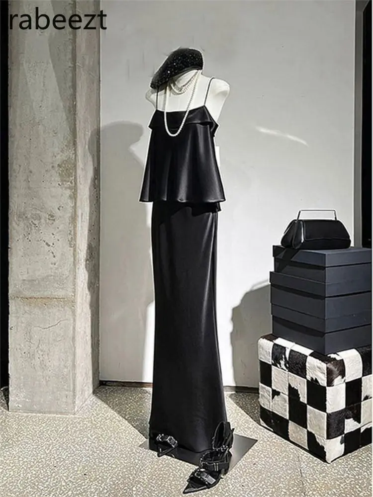 Summer 2025 Vintage Sweet & Spicy Black Strapless Two-Piece Set - Premium High-Quality Outfit for Women Fashionable Skirt Suit