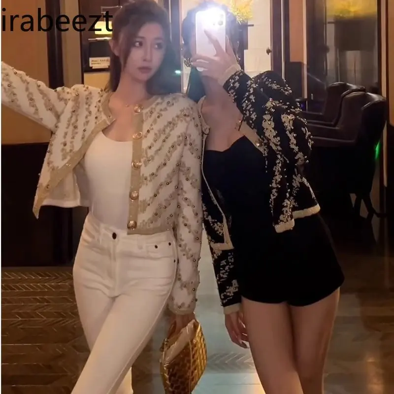 Autumn Winter Short Jacket Women's Fashion Pearl Embroidered Elegant Cropped Coat Long Sleeve Tops Casual Chic Outerwear