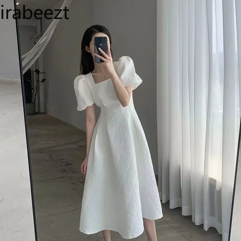 Elegant French Audrey Hepburn Style White Dress 2025 Summer Women's Flowy Tea-Length Dress with Bubble Sleeves & Waist