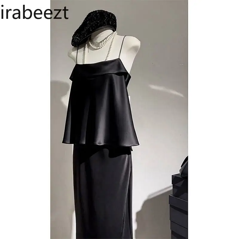 Summer 2025 Vintage Sweet & Spicy Black Strapless Two-Piece Set - Premium High-Quality Outfit for Women Fashionable Skirt Suit