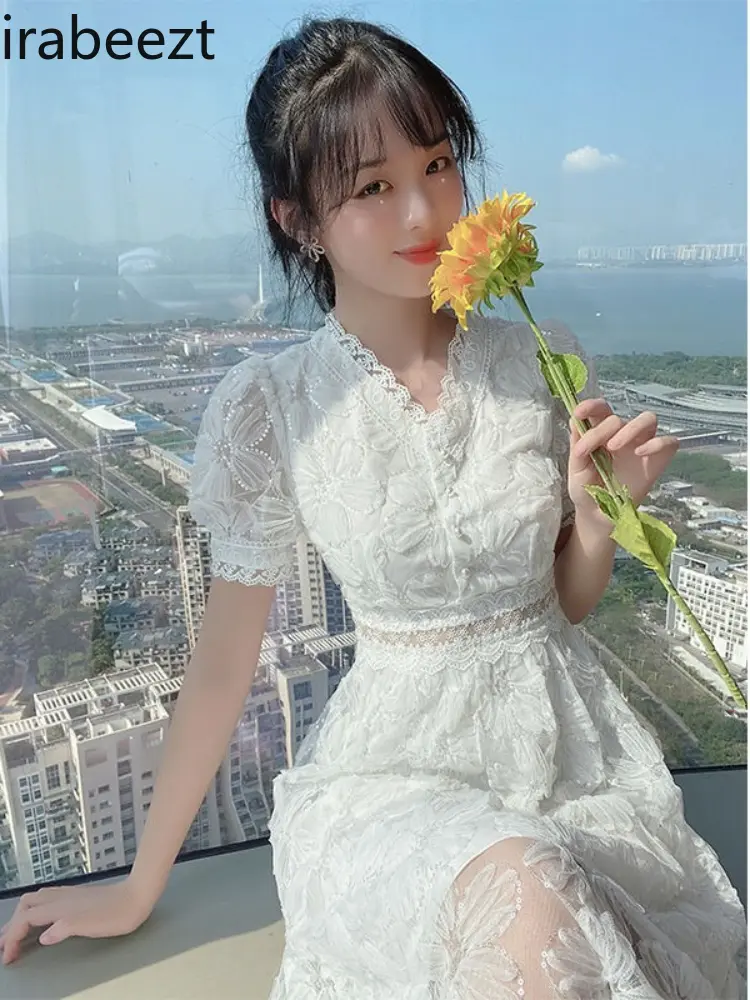 2025 Summer Lace French Embroidery Bubble Sleeves Elegant White Long Dress Women Party Wedding Guest Formal Evening Gown