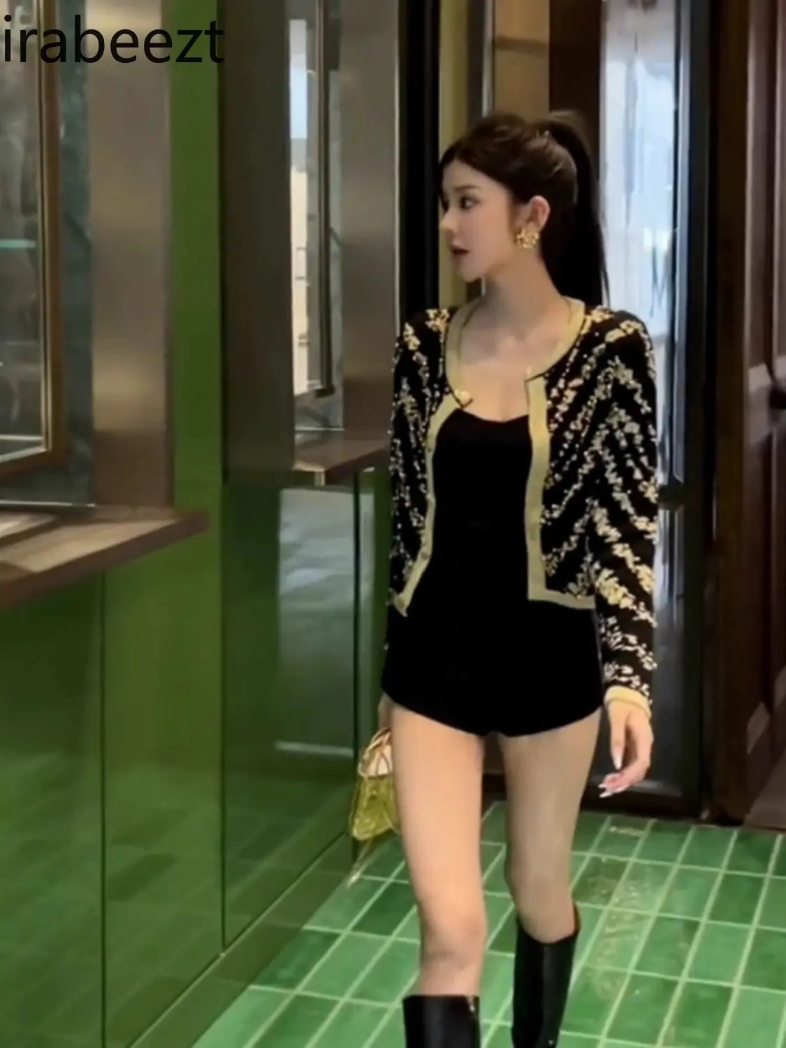 Autumn Winter Short Jacket Women's Fashion Pearl Embroidered Elegant Cropped Coat Long Sleeve Tops Casual Chic Outerwear