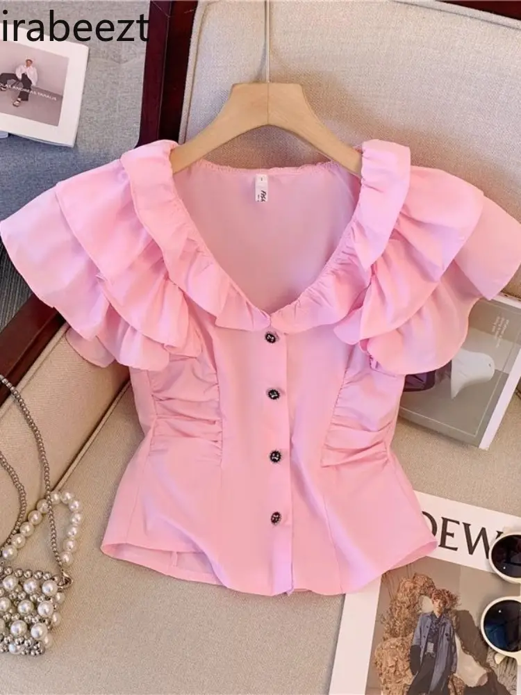 Women's Pink Flutter Sleeve Blouse Korean Style Ruffled Hem Crop Top Summer Cute Chic Shirt Blusas De Chifon Elegantes