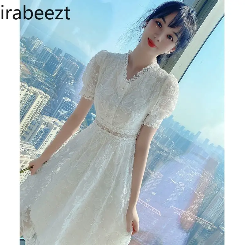 2025 Summer Lace French Embroidery Bubble Sleeves Elegant White Long Dress Women Party Wedding Guest Formal Evening Gown