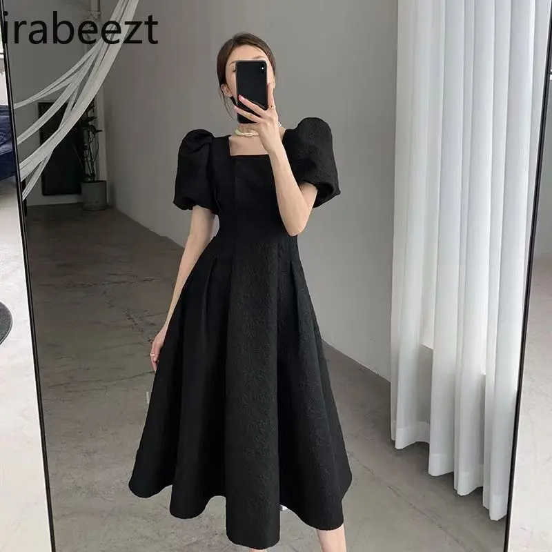 Elegant French Audrey Hepburn Style White Dress 2025 Summer Women's Flowy Tea-Length Dress with Bubble Sleeves & Waist