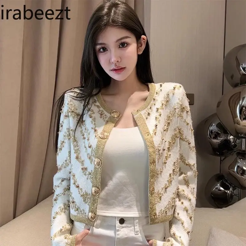 Autumn Winter Short Jacket Women's Fashion Pearl Embroidered Elegant Cropped Coat Long Sleeve Tops Casual Chic Outerwear