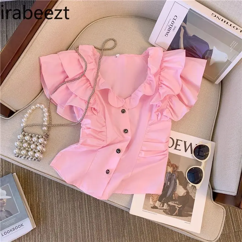 Women's Pink Flutter Sleeve Blouse Korean Style Ruffled Hem Crop Top Summer Cute Chic Shirt Blusas De Chifon Elegantes