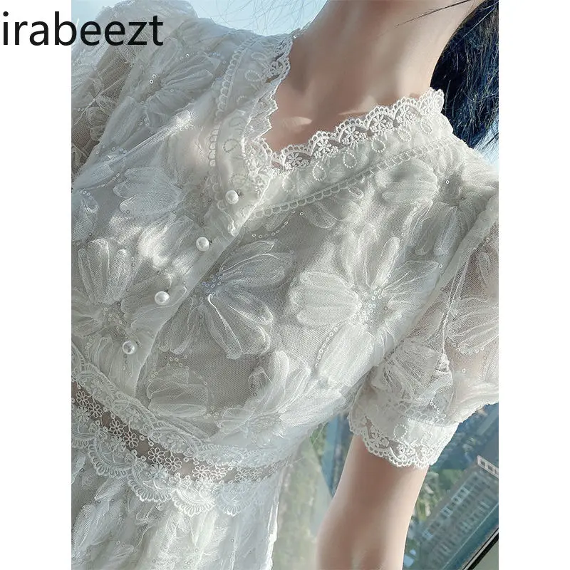 2025 Summer Lace French Embroidery Bubble Sleeves Elegant White Long Dress Women Party Wedding Guest Formal Evening Gown