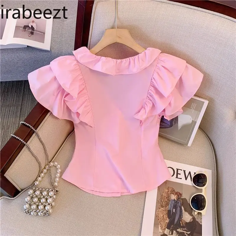 Women's Pink Flutter Sleeve Blouse Korean Style Ruffled Hem Crop Top Summer Cute Chic Shirt Blusas De Chifon Elegantes