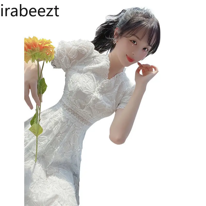 2025 Summer Lace French Embroidery Bubble Sleeves Elegant White Long Dress Women Party Wedding Guest Formal Evening Gown