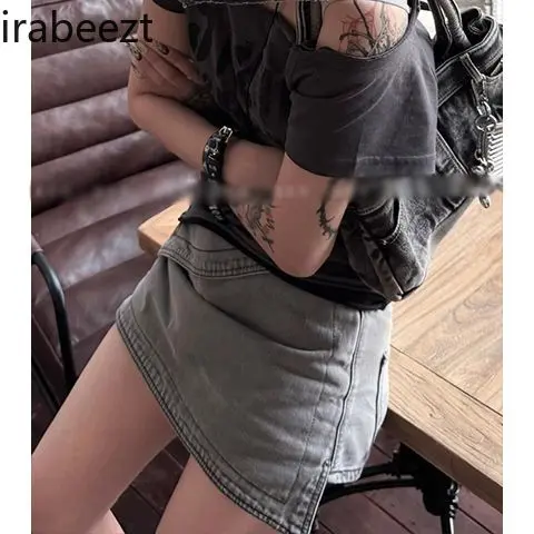 New Asymmetrical Vintage Distressed Denim Mini Skirt Women's Fashion High Waist Sexy A-Line Short Skirt for Lady Streetwear