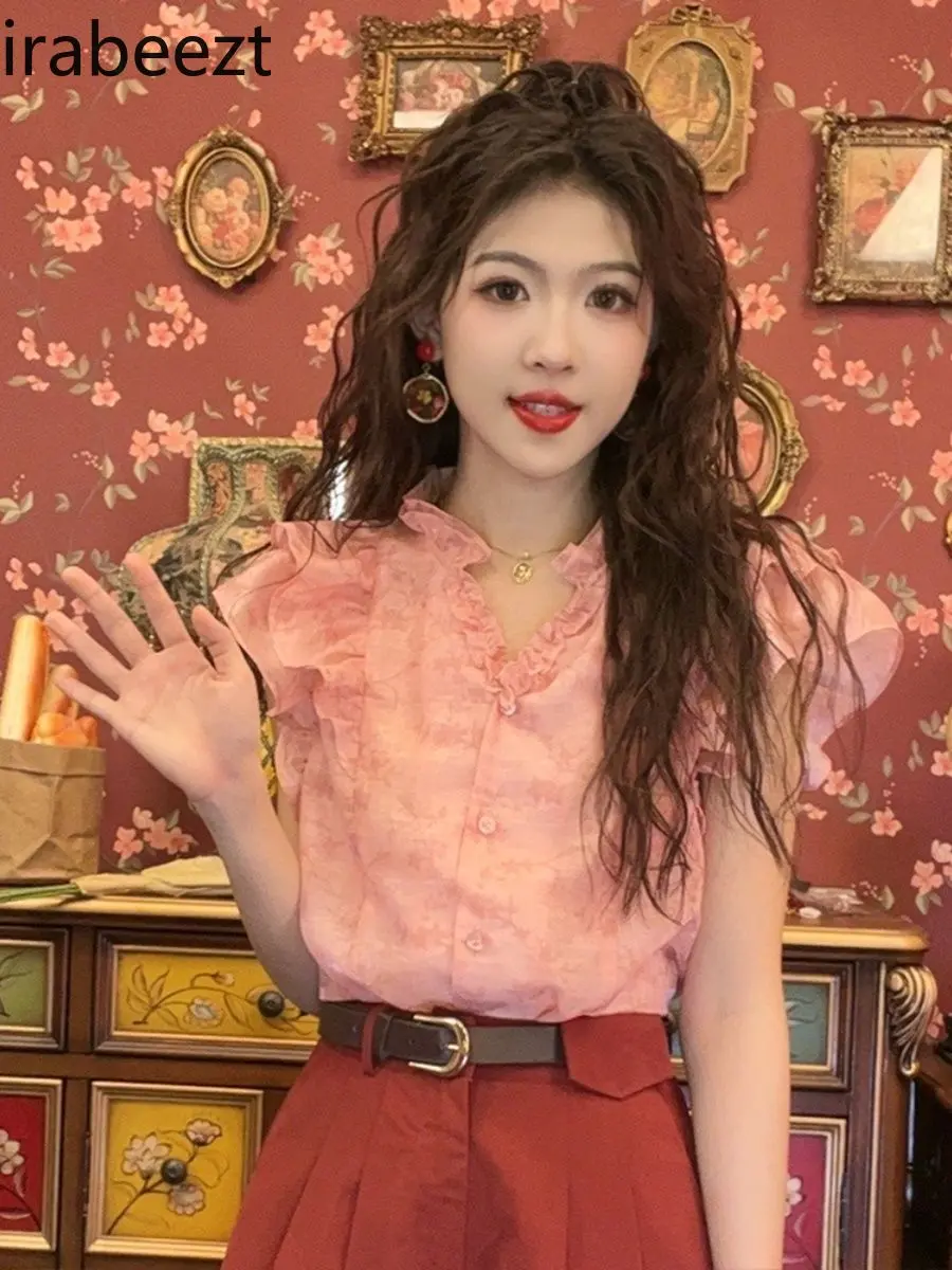Women's Pink Short Sleeve Shirt Ruffled Collar Summer Cute Top Blusa De Tricot Feminina Inverno Vintage Floral Lace Trim Blouse