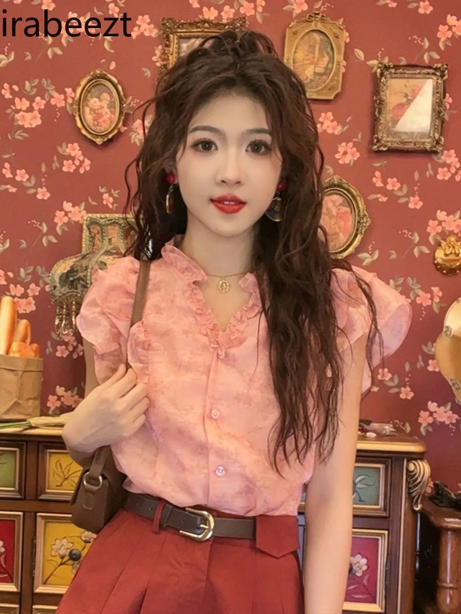 Women's Pink Short Sleeve Shirt Ruffled Collar Summer Cute Top Blusa De Tricot Feminina Inverno Vintage Floral Lace Trim Blouse