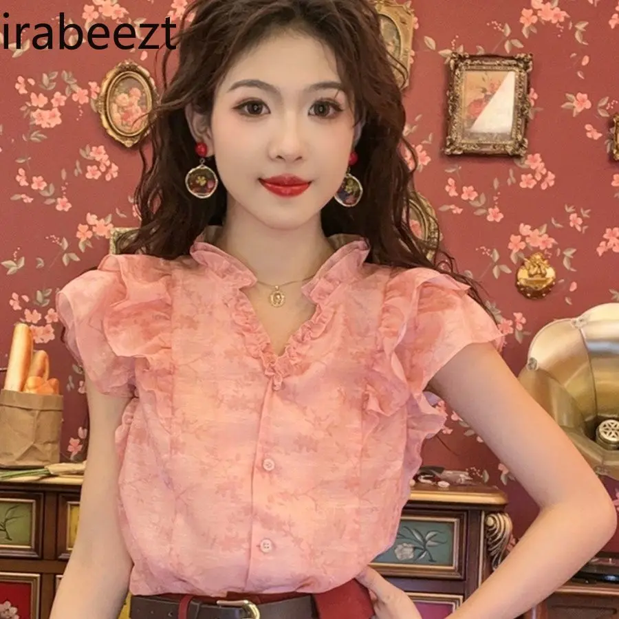 Women's Pink Short Sleeve Shirt Ruffled Collar Summer Cute Top Blusa De Tricot Feminina Inverno Vintage Floral Lace Trim Blouse