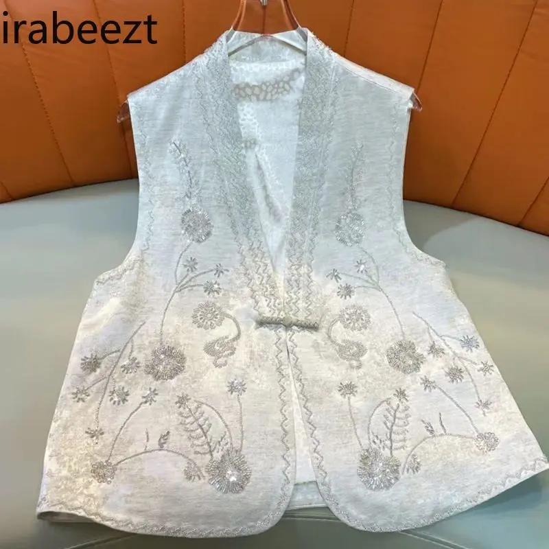 2025 New Chinese Style V Neck Embroidered Vest Women's Spring Sequins Beaded Sleeveless Jacket Outerwear Loose Fit Blouse Top