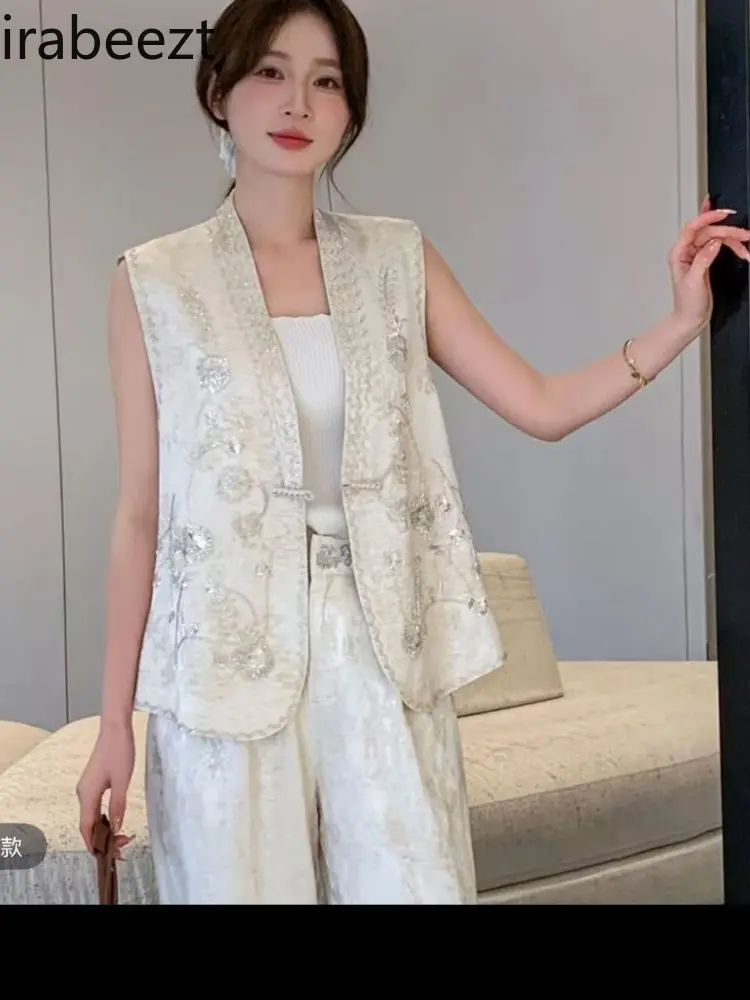2025 New Chinese Style V Neck Embroidered Vest Women's Spring Sequins Beaded Sleeveless Jacket Outerwear Loose Fit Blouse Top