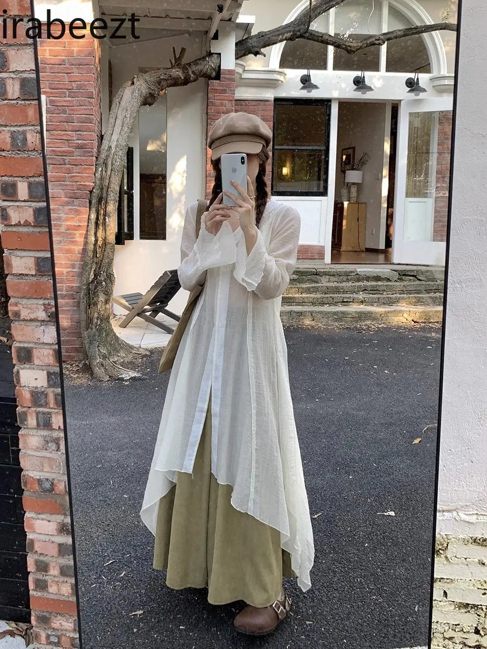 Autumn Irregular Long-Sleeve Cut-Out Shirt for Women - Chic Bohemian Tea-Washed Floral Blouse with Side Slit Vintage Casual