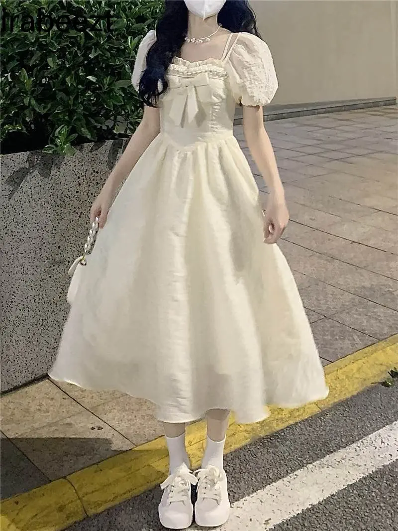 Elegant French - Square Neck Floral Summer Gown with Bow & Puff Sleeves Sweet Romantic Mini Robe for Women Cute Party Dress