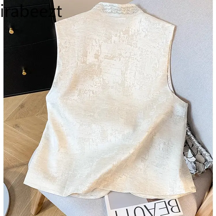 2025 New Chinese Style V Neck Embroidered Vest Women's Spring Sequins Beaded Sleeveless Jacket Outerwear Loose Fit Blouse Top
