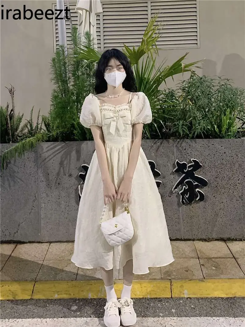 Elegant French - Square Neck Floral Summer Gown with Bow & Puff Sleeves Sweet Romantic Mini Robe for Women Cute Party Dress