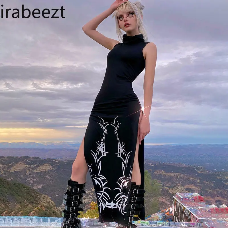 Punk Print Women's Vintage Bodycon High Slit Long Dress Gothic Rock Chic Sexy Tight Fitted Maxi Evening Party Out Fashion