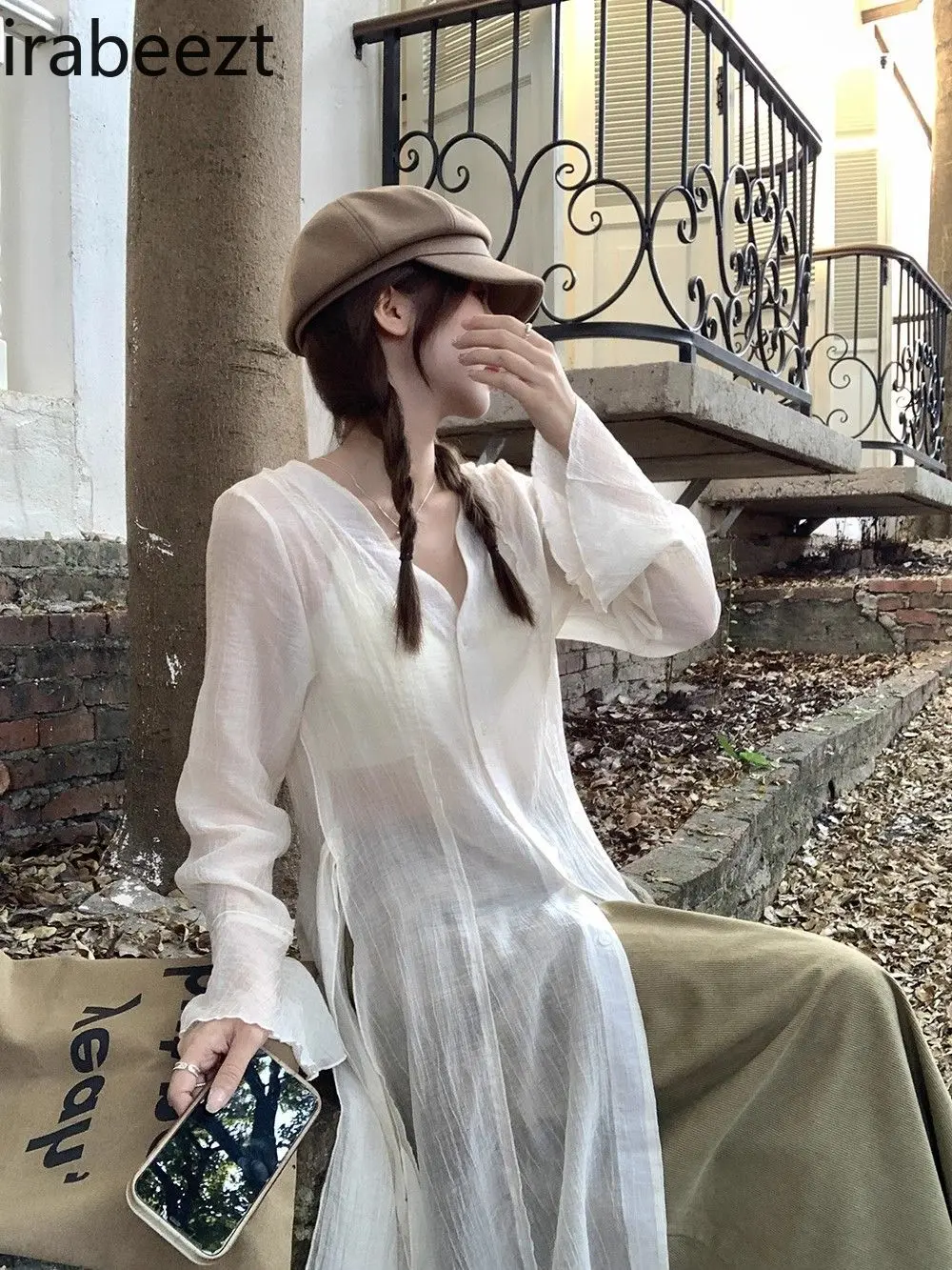 Autumn Irregular Long-Sleeve Cut-Out Shirt for Women - Chic Bohemian Tea-Washed Floral Blouse with Side Slit Vintage Casual