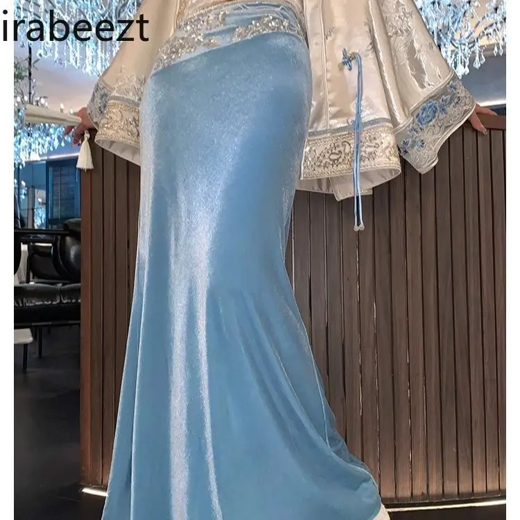 Elegant Velvet Notch Collar Jacket & Mermaid Skirt Set - Women's Vintage Retro Party Dress Suit Conjuntos De Mujer