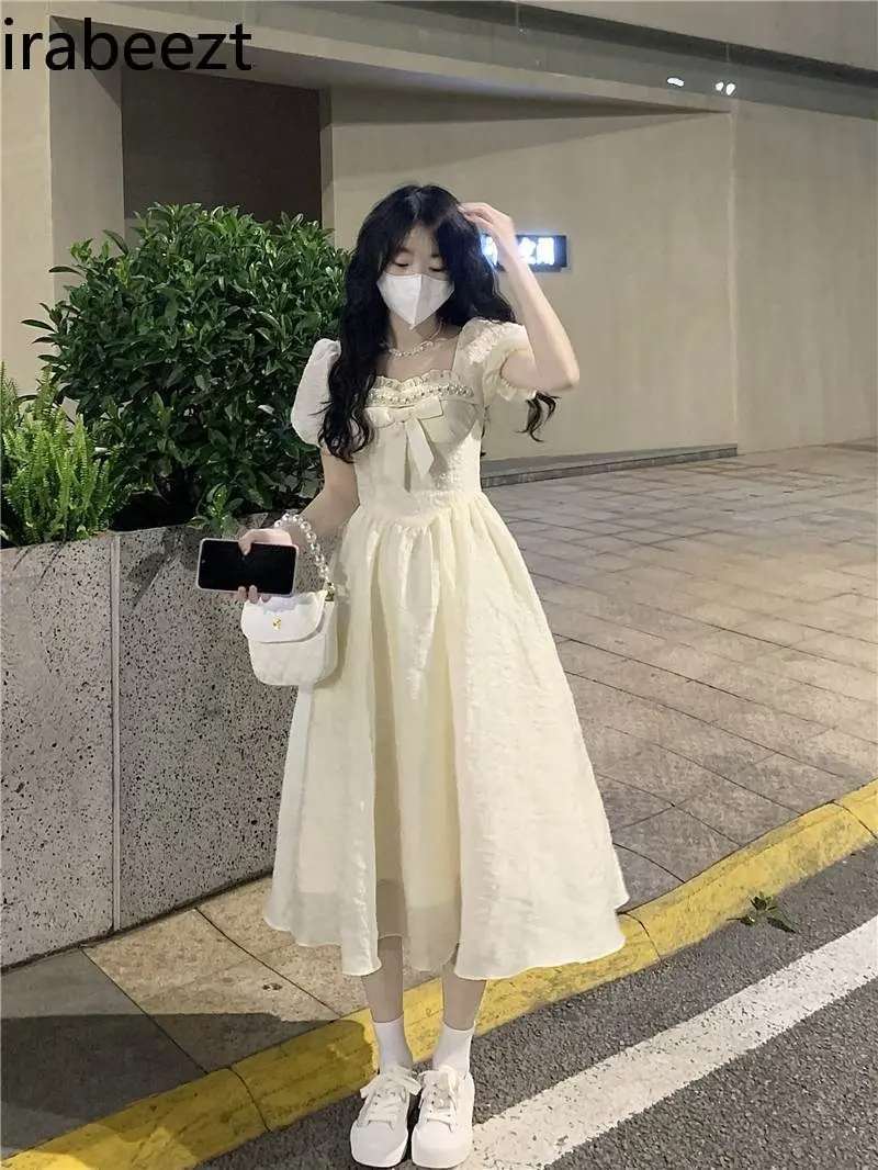 Elegant French - Square Neck Floral Summer Gown with Bow & Puff Sleeves Sweet Romantic Mini Robe for Women Cute Party Dress
