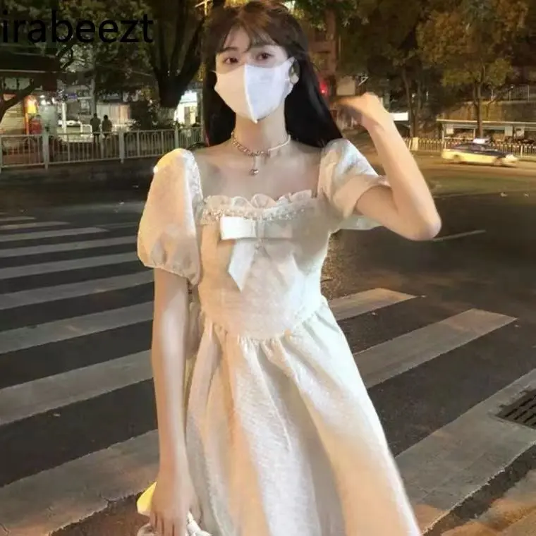 Elegant French - Square Neck Floral Summer Gown with Bow & Puff Sleeves Sweet Romantic Mini Robe for Women Cute Party Dress