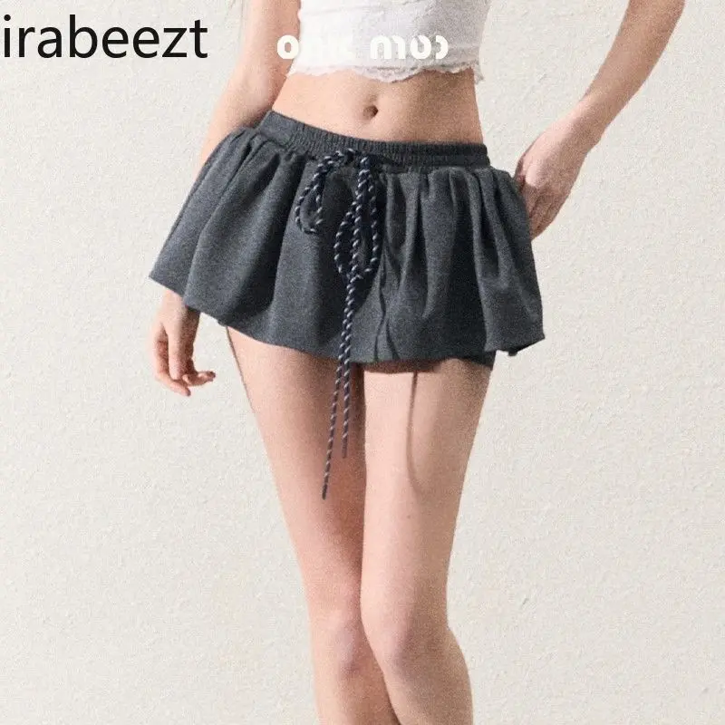 College Style Drawstring Elastic Versatile Low Waist A-line Skirt Women's Summer New Leisure Sports High Waist Short Skirt
