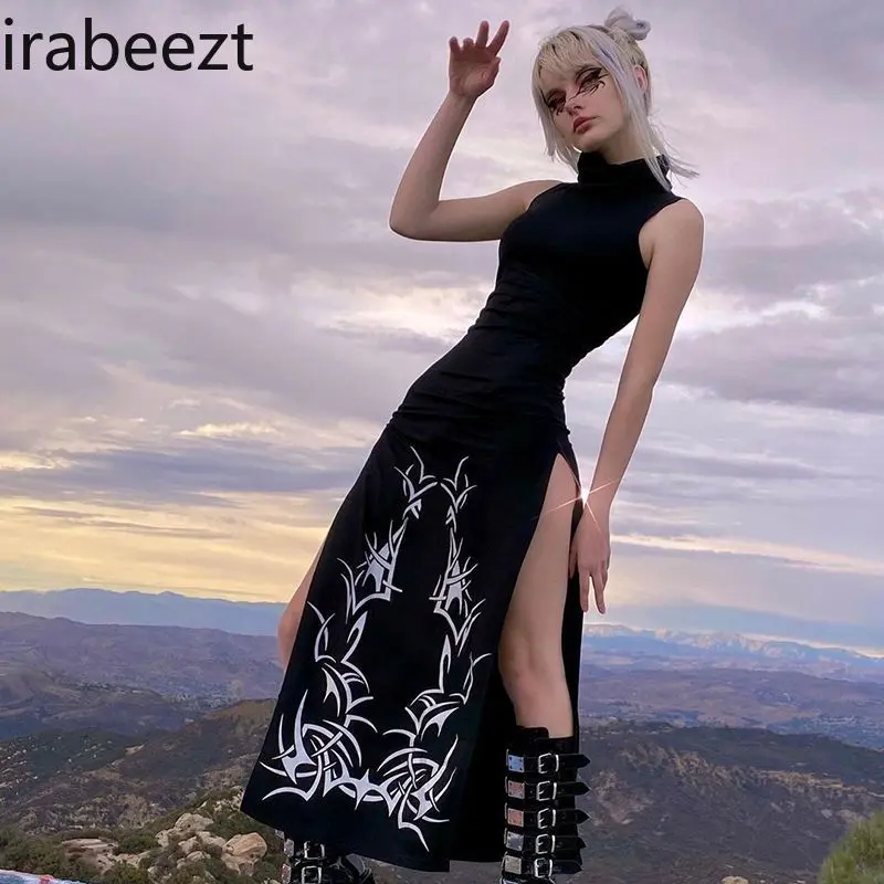 Punk Print Women's Vintage Bodycon High Slit Long Dress Gothic Rock Chic Sexy Tight Fitted Maxi Evening Party Out Fashion