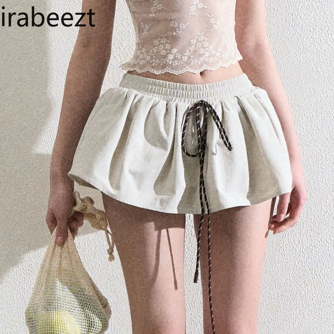College Style Drawstring Elastic Versatile Low Waist A-line Skirt Women's Summer New Leisure Sports High Waist Short Skirt