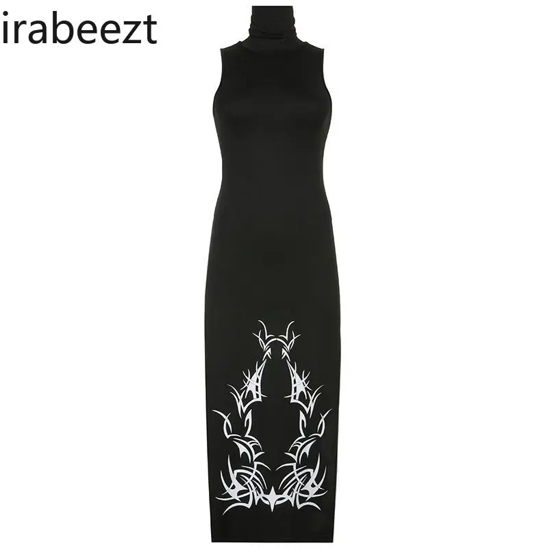 Punk Print Women's Vintage Bodycon High Slit Long Dress Gothic Rock Chic Sexy Tight Fitted Maxi Evening Party Out Fashion
