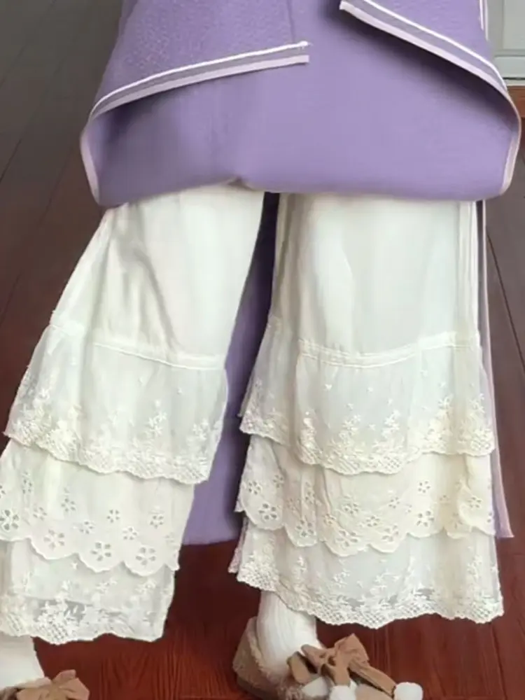 Large Size Pajama Trousers Cheongsam Lace Underpants Leggings Patchwork Fold Wear Loose Ankle Length Wide Leg Pants