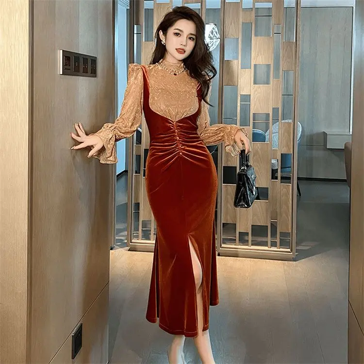Plus Size French Lace Appliqué & Empire Waist - Flattering Fitted Jumpsuit-Style Gown for Women Trendy Autumn Outfit Dress