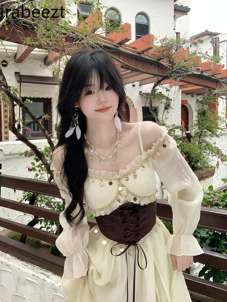 New Summer Boho Women's Dress with Sequin Fringe Waist Belt Asymmetrical Hem & Off-Shoulder Design Party Vacation Beachwear