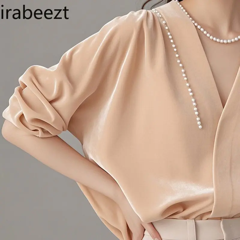 2025 New French Style Blouse Women's Elegant Velvet Pearl Embroidered Shirt Pink Fall Fashion Chic Ladies Top