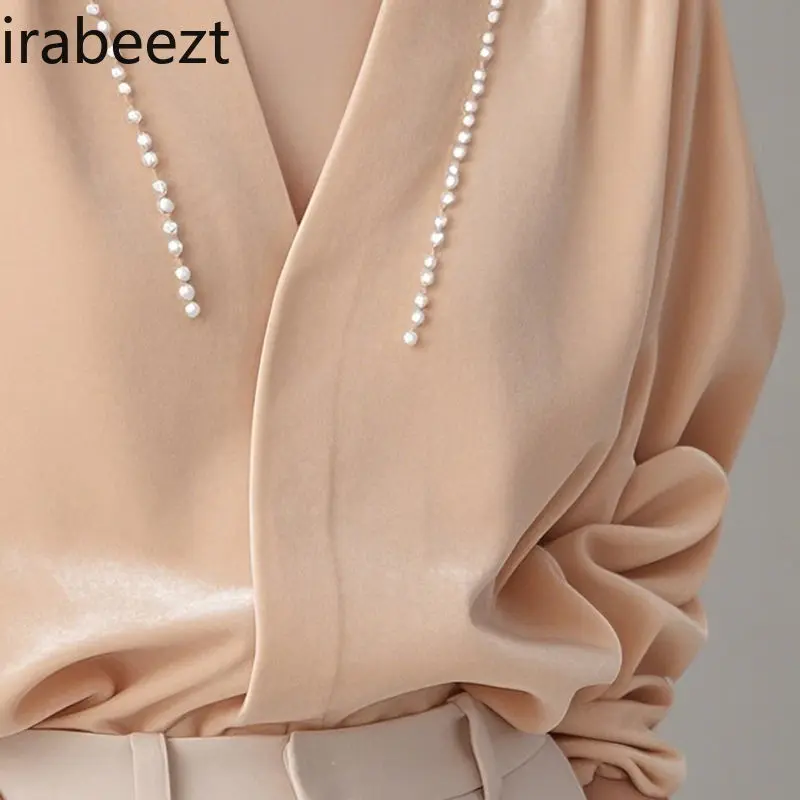 2025 New French Style Blouse Women's Elegant Velvet Pearl Embroidered Shirt Pink Fall Fashion Chic Ladies Top