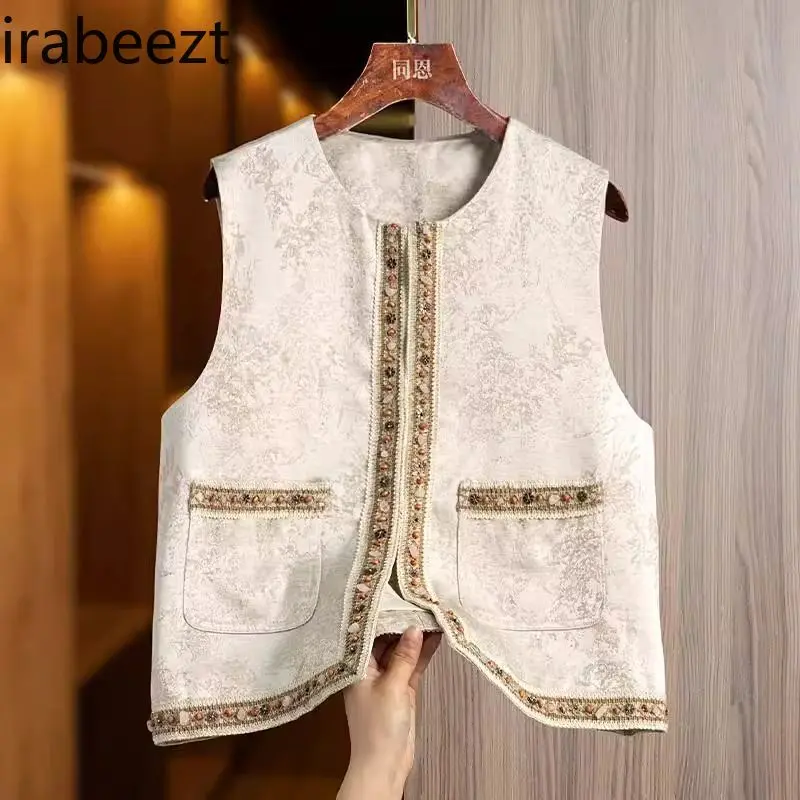 2025 New Chinese Style Embroidered Vest Women's Spring Vintage Ethnic Boho Jacket Round Neck Beaded Oriental Lace-Up Blouse Top