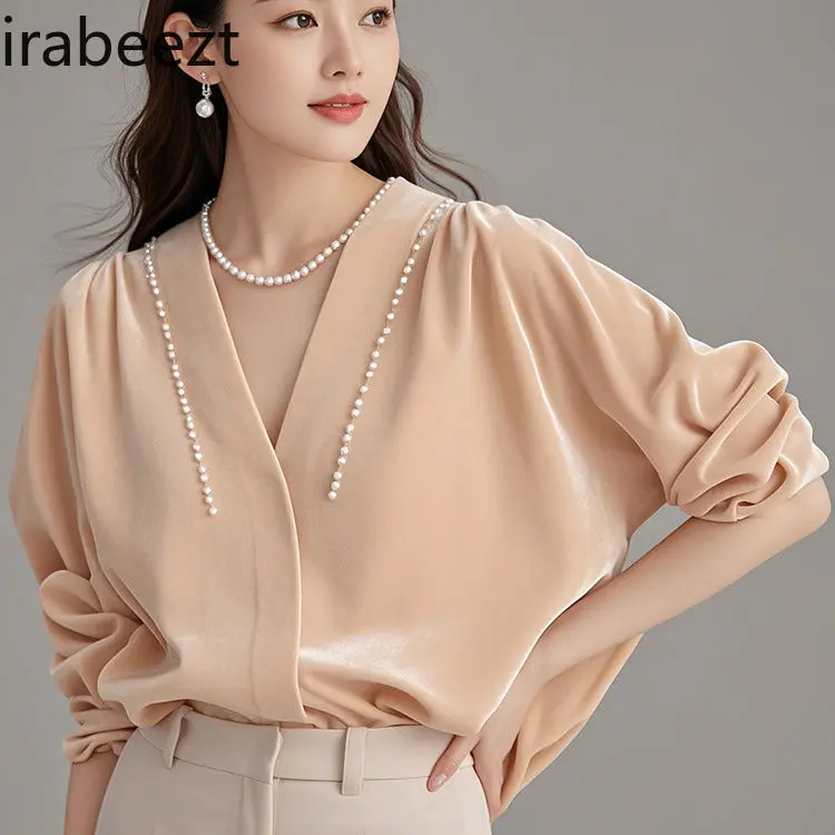 2025 New French Style Blouse Women's Elegant Velvet Pearl Embroidered Shirt Pink Fall Fashion Chic Ladies Top